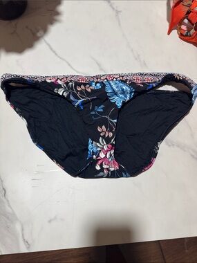 Seafolly Black Floral Bikini Bottoms with Blue & Pink Accents size 12 USA